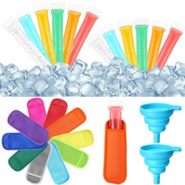MotiMind 400 Piece Ice Lolly Bags Disposable Ice Cream Mold Bags with 2 Funnels 10 Reusable Ice Pop Sleeves 2 Size Ice Cream Pouch for DIY Healthy Snacks, Juice, Yogurt Sticks, Fruit Smoothies