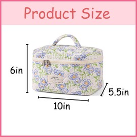 uekeboag Large Travel Quilted Makeup Bag for Women, Floral Cotton Cosmetic Bag, Coquette Aesthetic Floral Toiletry Organizer Bag (02Blue-Flower)