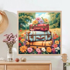 Flowers Suitcases Diamond Painting Kits for Adults, 5D Diamond Art Painting by Numbers Kits, DIY Diamond Dots Art Kits, Full Round Drill Diamond Paintings for Adults for Home Wall Decor, 13.8x13.8 in