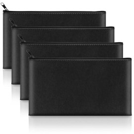 2 Pack Money Bags with Zipper  11x6.1 Inch PU Leather Cash Pouch Secure Bank Bag for Coins Bills Checks Invoices Cosmetics Tools (Black):_Black_2 Pack