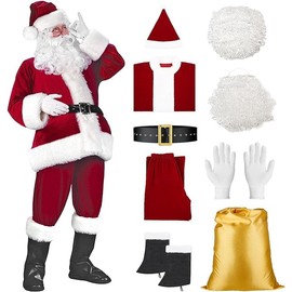 dgdgcool Santa Claus Costume for Men, 9PCS Deluxe Santa Costume Christmas Velvet Santa Suit Adults Men Professional