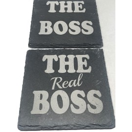 Laser Amore Funny Slate Coaster Set for Couples - 'The Boss' & 'The Real Boss', Ideal Christmas, Valentine's, Anniversary, Birthday Gifts for Him, Her, Boyfriend, Husband, Couples