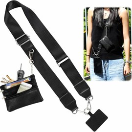 Phone Strap with Zippered Pouch, 2024 Clip and Go Strap for Phone with Wallet Crossbody, Adjustable Cross Body Phone String (Black)