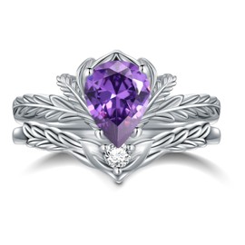 QKABTI Pear Cut Amethyst Engagement Rings Set for Women 925 Sterling Silver 8x6 MM Amethyst Leaf Ring Uniqued Bridal Wedding Ring Size 6
