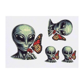4 x 'Alien With Butterfly' Temporary Tattoos - Water Resistant, Skin-Safe, Non-Toxic Transfers, Mixed Sizes (TO00077314)