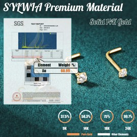 SYLWIA 14K Real Gold Nose Studs, 20g 18g L Shaped Nose Rings, Simulated Emerald Diamond CZ - 2mm 2.5mm 3mm, Hypoallergenic Corkscrew Nose Ring Piercing for Women Men (20g,2.5mm Clear CZ)