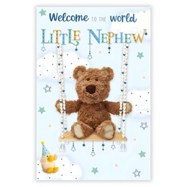 New Baby Nephew Congratulations Card - Barley Bear Teddy and Stars Design - Special Finishes and Illustrated Insert Leaf - Made in the UK - Eco-Friendly