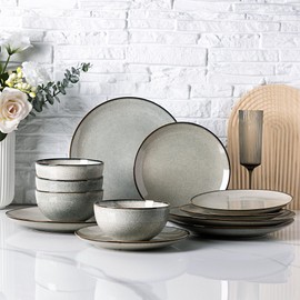 GBHOME Ceramic Dinnerware Sets for 4, 12 Pieces Stoneware Plates and Bowls Sets, Reactive Glaze Dishes -Scratch Resistant, Dishwasher&Microwave Safe-Green Wheat