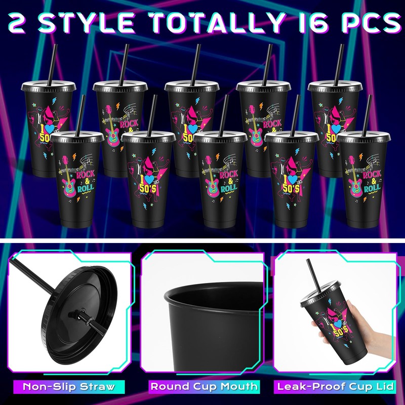 Uiifan 16 Pcs 50's Party Decorations 1950's Reusable Cups with