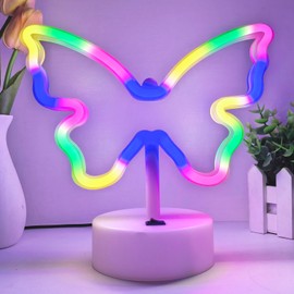VIFULIN Butterfly Neon Sign - Colorful LED Neon Light for Girls Bedroom Decor, Butterfly Lamp Gifts for Teen, USB/Battery Operated Aesthetic Night Light with Base for Birthday Christmas Desk Table