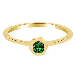 AFFY Hexagon Shape Simulated Emerald Women's Engagement Ring in 14k Yellow Gold Over Sterling Silver Ring Size - 7