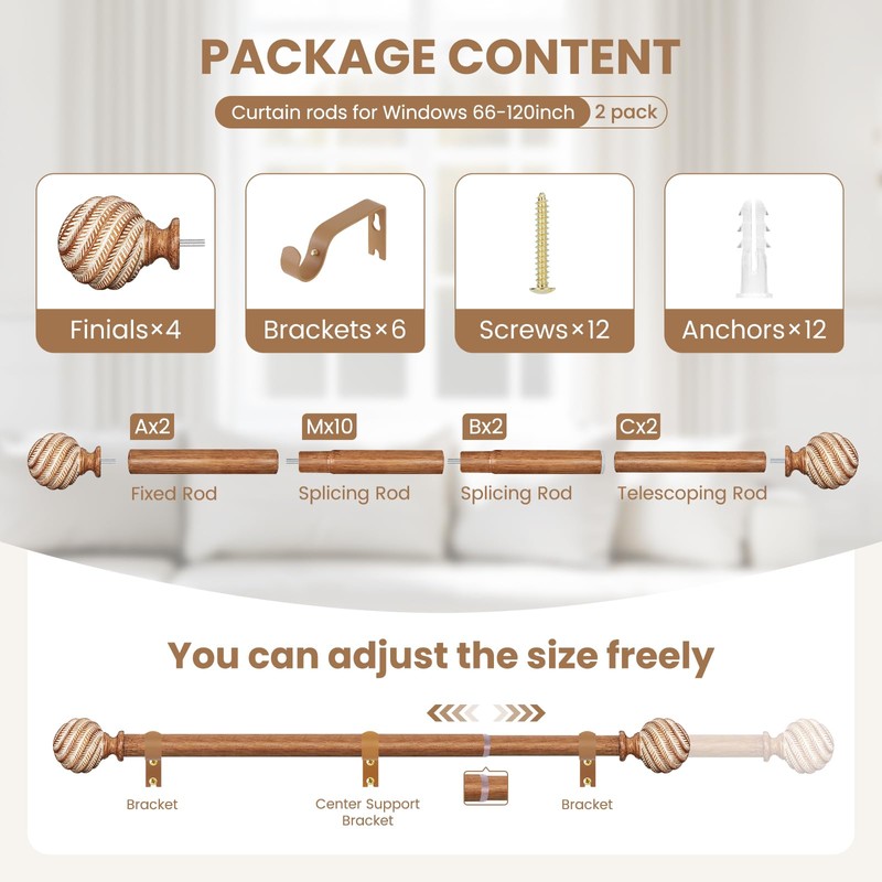 TKZTKZ Wood Curtain Rods for Windows 66-120" 2 Pack:Boho Farmhouse