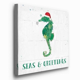 Renditions Gallery Christmas Seahorse with Santa Hat Wall Art, Green Winter Artwork, Funny Ocean & Beach Theme, Premium Gallery Wrapped Canvas Decor, Ready to Hang, 24 in H x 24 in W, Made in America