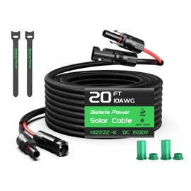 10AWG 20FT Twin Wire Solar Panel Extension Cable, Bateria Power 10 Gauge PV Wire with IP68 Female & Male Waterproof Connectors, Flame Retardant Protective Sleeving and Dust Caps for Home, RV