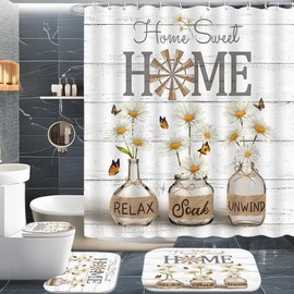 ALEXEX 4 PCS White Daisy Shower Curtain Sets,Home Sweet Bathroom Set with Shower Curtain and Rugs and Accessories,Farmhouse Country Shower Curtain Bathroom Decor with 12 Hooks,72 X 72 Inches