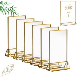 6 Pack Acrylic Gold Sign Holders,4x6 Inch Clear Picture Frames with Gold Borders ,Double Sided Table Menu Display Stand for Restaurant Signs,Wedding Table Menu Recipe Cards Photo Display