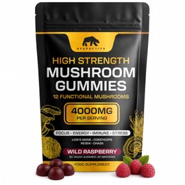 Mushroom Gummies 4000mg – 12 Functional Mushroom Complex with Lions Mane, Cordyceps, Reishi, Chaga, Maitake & Shiitake – Wild Raspberry Flavour – Vegan Food Supplement – 60 Gummies