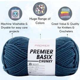 Premier Yarns Basix Chunky Heritage Blue 1145-33 (6-Skeins - Same Dye Lot) Chunky Bulky #5 Acrylic Yarn for Crocheting and Knitting with Project Bag