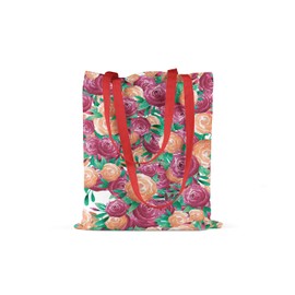 Le Jardin du Lin Printed Shopping Bag with Red Long Handles, Reusable Bag, Foldable, Fabric Bag, Size: 34 x 40 cm