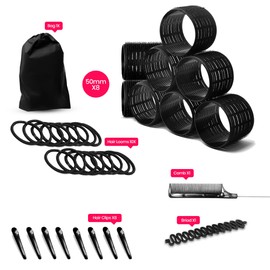 Hair Curlers Rollers with Clips Black 8 50mm Rollers with Clips,Ties, Hair Braider, Comb Rollers Set for Long Medium Short Thick Fine Volume Bangs Hair