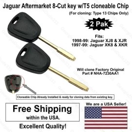 Aftermarket 2pak: Jaguar 8-Cut Tibbe Key Blank w/Cloning Chip! For: 1997-99 XJ8 XJR XK8 XKR