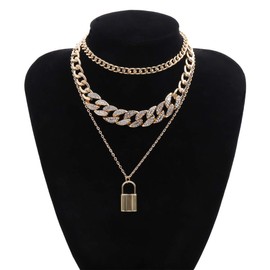 COLORFUL BLING Shiny Hip Hop Rhinestone Cuban Link Chain Lock Pendant Necklace With Bracelet Set Punk Cubic Zircon Layered Choker Necklace for Women Unisex Jewelry-N gold three key