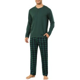 Vlazom Men's Pyjamas Sets Long-Sleeve Pj's Set Soft Loungwear Solid Top and Check Pant with Pockets A-Dark Green,L