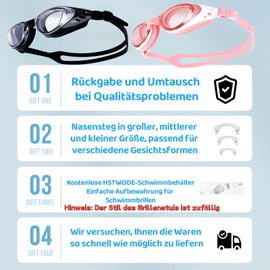 HSTWODE Swimming Goggles with Prescription, Dioptres: -0 to -6.0, Anti-Fog, Anti-Fog, Anti-fog UV Protection, Super Fit, Includes Box, Replacement 2 x Nose Clip (Pink, 1.5)