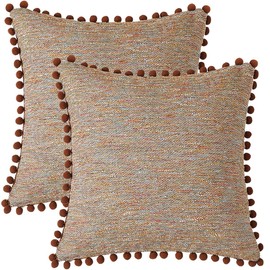Tennove Cushion Covers 45x45cm Decorative Boucle Pillow Covers with Fluffy Pompoms Soft Boho Throw Pillowcase Set of 2 for Sofa Bed Home Decor, Brown