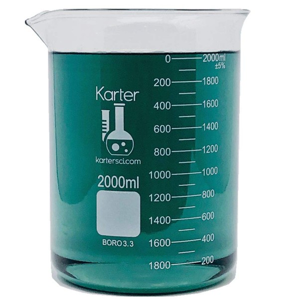 Karter Scientific 2000ml Beaker, Low Form Griffin, Borosilicate 3.3 Glass,