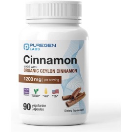 Puregen Labs Organic Cinnamon (Ceylon Cinnamon) 1,200mg Serving 90 Veggie Caps