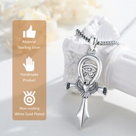 YueYuan Ankh Necklace Men Women 925 Sterling Silver Egyptian Cross Ankh Pendant Eye of Horus Necklace Protection Amulet Jewellery Gift for Christmas, Sterling Silver, No Gemstone