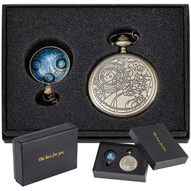 Tiong Nostalgia Retro Dr. Who Quartz Pocket Watch with Necklace Chain Blue Pendant & Gift Box (Blue)