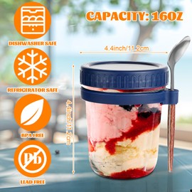 HOFURME 6 Pack Overnight Oats Containers with Lids and Spoons 16 OZ Glass Mason Jars for Overnight Oats Leak Proof Oatmeal Container Great for Cereal Fruit Vegetable Milk Salad Yogurt Meal Prep