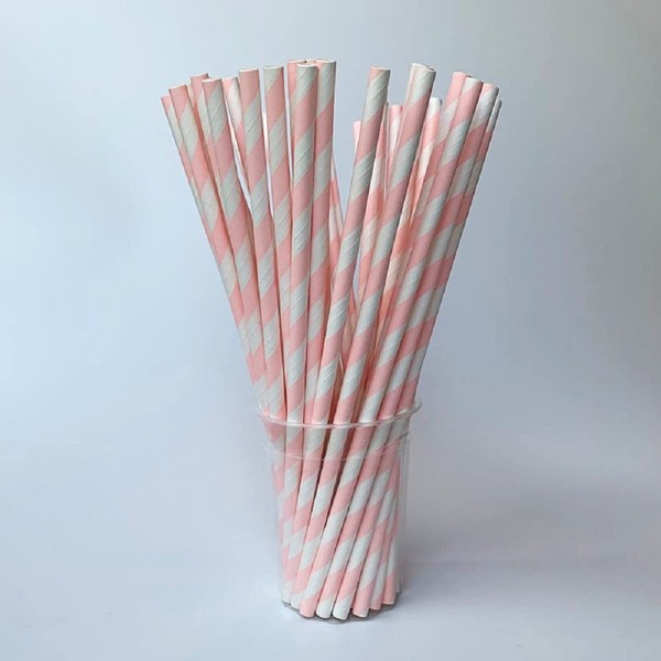 Shuiniba Biodegradable Striped Paper Straws,Paper Drinking Straws for Party, Events and Crafts,Baby Shower Decorations 7.75 Inches, Pink White Striped - 100 Pack
