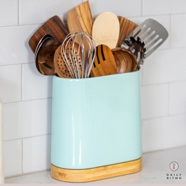 DAILY RITMO Large Kitchen Utensil Holder for Countertop with Bamboo Wooden Base | Minimalistic Cooking Utensils | Aqua Teal Blue Green Ceramic Tool Crock | Cylindrical Oval Shape | Narrow Spatula Organizer