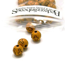 100 Brown Wood Colored 8mm Round Acrylic Jewelry Beads with Engraved Cross