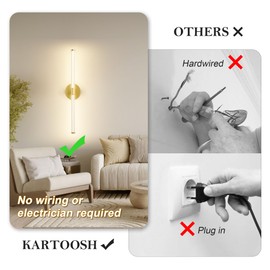 Battery Operated Wall Sconces Set of Two with Remote Control, LED Gold Wireless Wall Light, 360° Full Lighting, 350° Rotation, Dimmable, 3 Colors, Night-Light, Timer & Memory Function 23.6 Inch