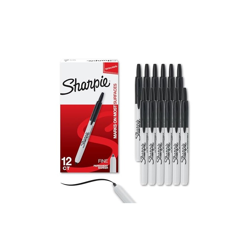 Sharpie 32707 Marcadores permanentes retráctiles, Fine Point, Negro, 12-Count