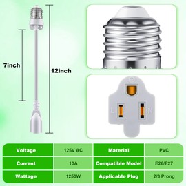 Feekoon 1 Pack 3 Outlet Light Socket Adapter, Convert E26/E27 Bulb Socket to 3 Prong Outlet with Extension Cord, Light Bulb Plug Adapter Converter Suitable for Outdoor Porch Garage Patio Use (White)