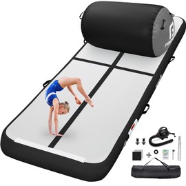 Inflatable Air Gymnastics Mat Training Mats 13ft and Roller 40x23.6inch with Electric Air Pump for Home Use Cheerleading Outdoor Training Park Yoga Water Beach (Black)