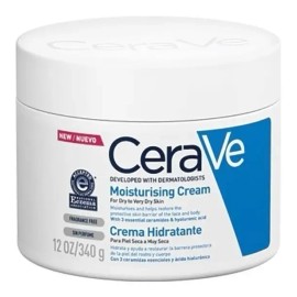 Crema para cuerpo y manos CeraVe Crema Hidratante en pote 340mL 12 oz es un humectante para el cuerpo y el rostro para pieles normales a secas que ayuda a que la piel quede suave, tersa y saludable.