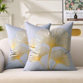BONSTRAP Gray Decorative Throw Pillow Covers Gold Line Ginkgo Leaf Cushion Covers 20x20 Plant Accent Pillowcase Set of 2 for Sofa Bed Patio Bench Cushion Cover Home Decor