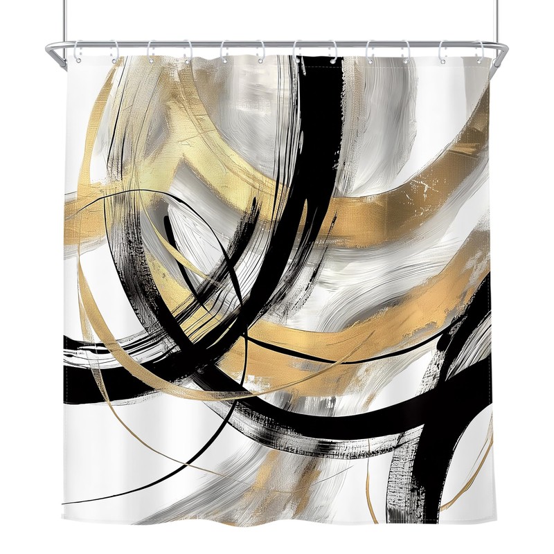 Riyidecor Black Gold Abstract Shower Curtain 72Wx72H Inch Modern Graffiti
