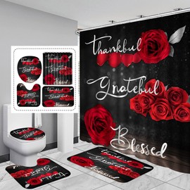 4Pcs Red Rose Shower Curtain Sets, Thankful Grateful Blessed Bathroom Curtain with Non-Slip Rug, Toilet Lid Cover, Bath Mat and 12 Hooks, Romantic Showy Floral Wedding Decor for Bath, 72 x 72 inch