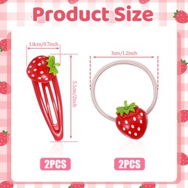 4 Pcs Strawberry Hair Clip and Hair Ties Set, Red Metal Snap Hair Clips Sweet Fruit Hair Barrettes Cute Strawberry Hair Accessories for Girls Toddlers Kids and Teens Gifts