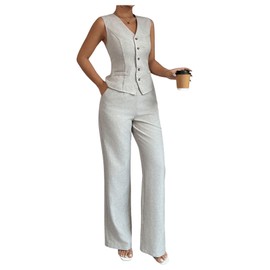 SOLY HUX Women's 2 Piece Outfits V Neck Button Down Vest Tops and High Waisted Pants Set Office Work Suit Pure Apricot X-Large