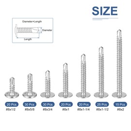 DTGN Wood Screws Assortment Kit - 155Pack - for Wood, Furniture - 7 Sizes 410 Stainless Steel #8 Phillips Truss Head Silver Self Drilling Tapping Screws