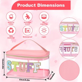 Chenille Letter Clear Makeup Bags, Preppy Pink Stuff Bag Chenille Patch Makeup Travel Cosmetic with Handle Zipper Waterproof TPU Toiletries Organizer Pouch for Women Girl
