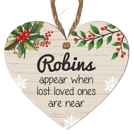 "Robins Appear When Lost Loved Ones Are Near" Heart-Shaped MDF Wooden Hanging Plaque – Memorial Remembrance Decoration, Christmas Ornament with Holly and Berry Design